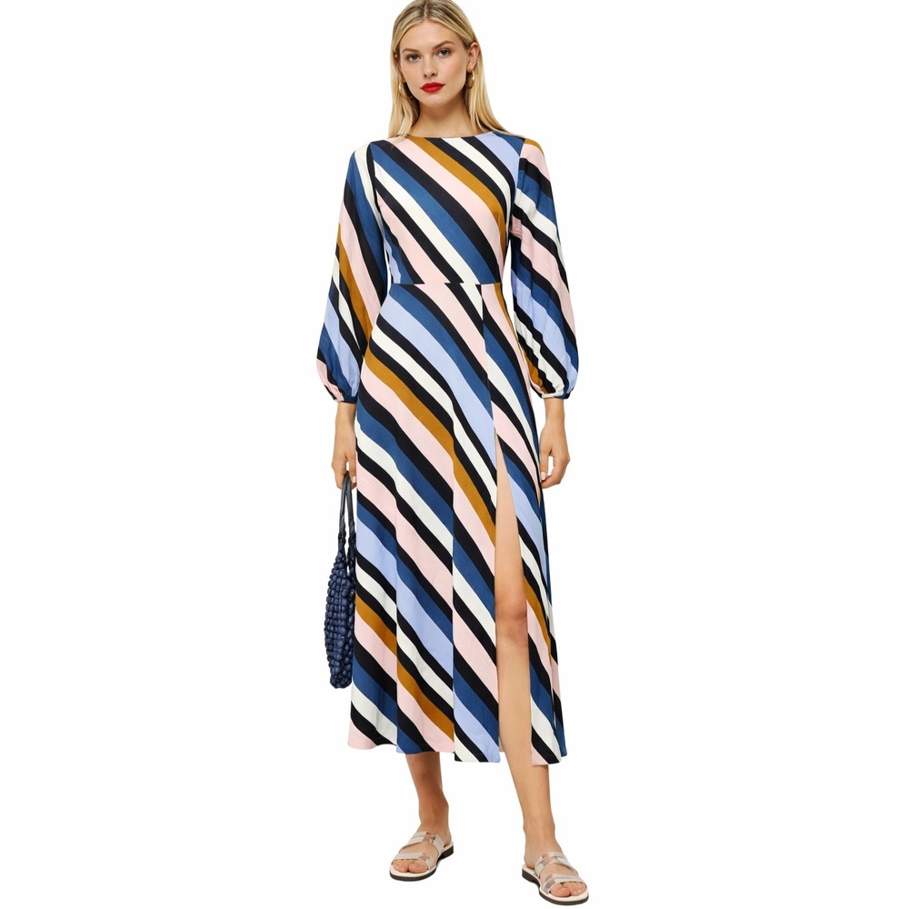 Topshop BOHO Maxi Dress Womens Size 8 Striped Asymmetric Slit Front Open Backā